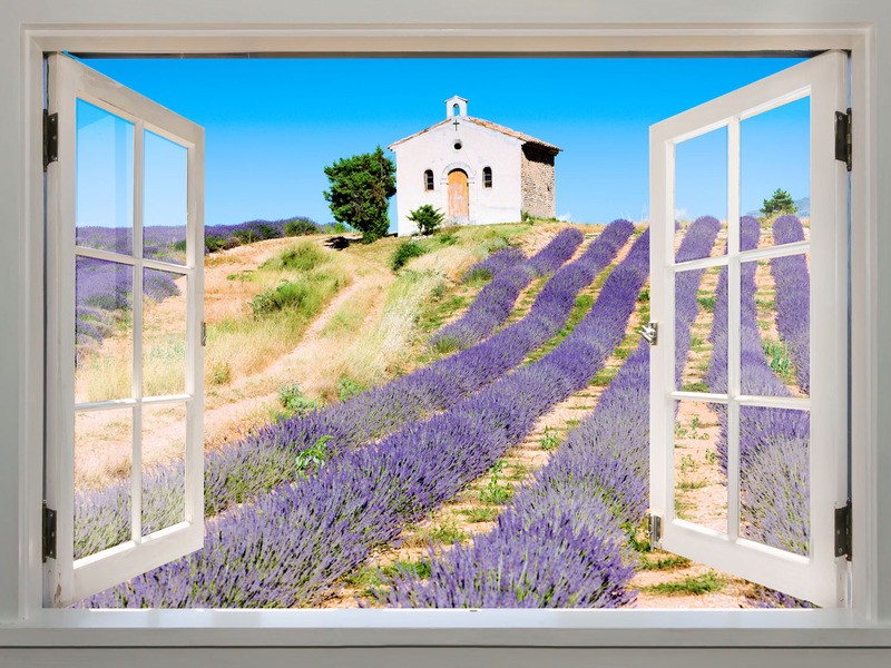 Tuinposter 'Raamkozijn lavendel veld'